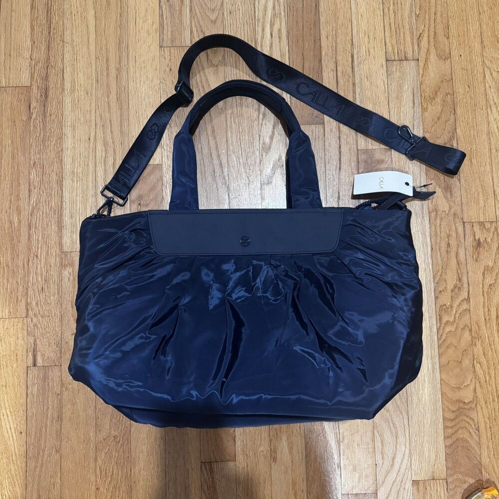 New CALIA Women’s Luxe Travel Shirred Tote Navy Slate Puffer Gym Bag crossbody